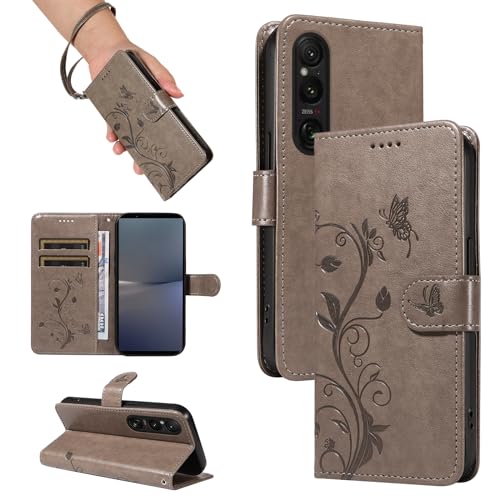 Cxzaqwer Hülle für Sony Xperia 10 VI,Flip Wallet PU Lederhülle Klapphülle Magnetische [Standfunktion] [Kartenfächern] Schutzhülle Mandelbaum für Sony Xperia 10 VI Grauen von Cxzaqwer