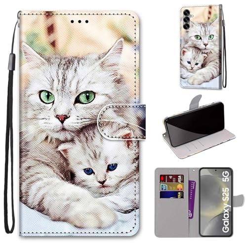 Handyhülle Kompatibel mit Samsung Galaxy S25 Plus, Flip Wallet PU Leder Hülle Objektivschutz Magnetverschluss [Standfunktion] [Kartenfächer] für S25 Plus Die große Katze hält die kleine Katze von Cxzaqwer