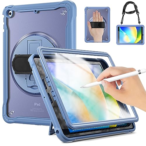 iPad 9. 8. 7. Generation Hülle 10,2 Zoll 2021/2020/2019, stoßfeste Abdeckung mit Displayschutzfolie, drehbarer Handschlaufe & Ständer, Schultergurt, Stifthalter für iPad 9/8/7 Gen Lavendelgrau von Cxzaqwer