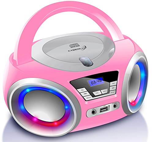 Cyberlux CD-Player mit LED-Beleuchtung | Kopfhöreranschluss | Tragbares Stereo Radio | Kinder Radio | Stereoanlage | USB | CD/MP3 Player | FM Radio | Kopfhöreranschluss | Aux In (Pretty Kitty Pink) von Cyberlux