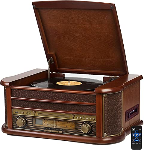 Nostalgie Holz Musikanlage | Kompaktanlage | Bluetooth | Kassettendeck | Retro Stereoanlage | CD MP3 Player USB | Fernbedienung | Plattenspieler | Radio | MP3-Encoding: Aufnahmefunktion | AUX IN von Cyberlux