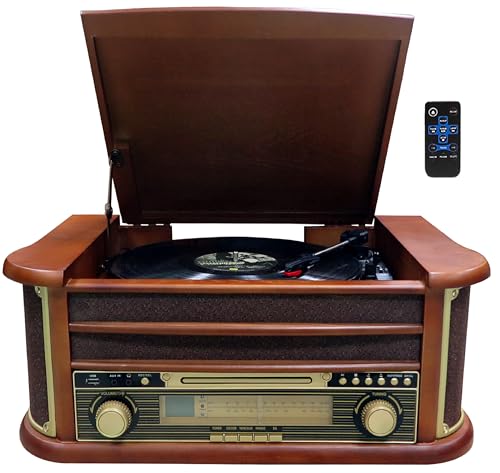 Nostalgie Holz Musikanlage | Kompaktanlage | Plattenspieler | Bluetooth | Retro Stereoanlage | CD MP3 Player USB | Radio | MP3-Encoding: Aufnahmefunktion | Fernbedienung | Kassettendeck |AUX IN von Cyberlux