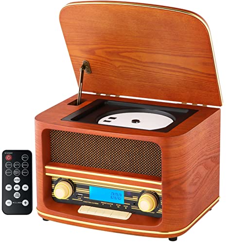 Nostalgie Kompaktanlage | Bluetooth | LCD Display | Retro Radio Holz mit CD Player | USB | Musikanlage Retro Style | Stereoanlage | Fernbedienung | Küchenradio | Vintage Optik | von Cyberlux