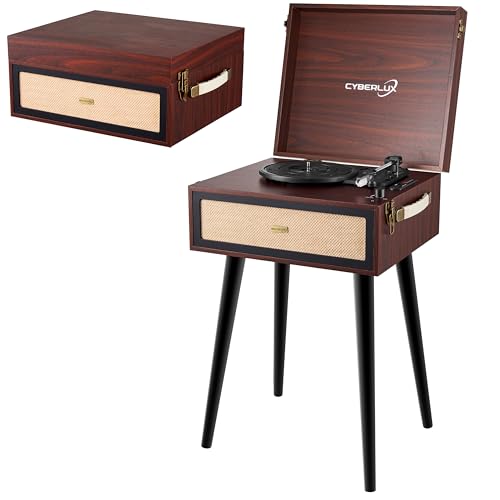 Plattenspieler mit Ständer Retro Schallplattenspieler mit Full Range Lautsprecher Bluetooth FM Radio USB Line-Out AUX IN Micro SD Slot Turntable Vinyl Nostalgie Kofferplattenspieler mit Standfüßen von Cyberlux