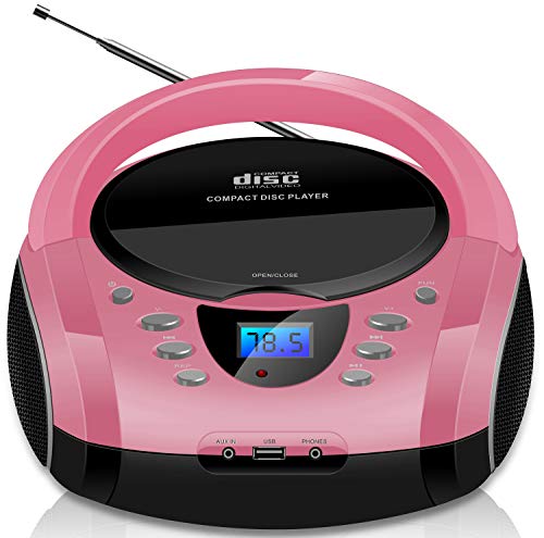 Tragbare Boombox | CD/CD-R | USB | FM Radio | AUX-In | Kopfhöreranschluss | CD-Player | Kinder Radio | Boombox | CD-Radio | Stereoanlage | Kompaktanlage (Pretty Pink) von Cyberlux