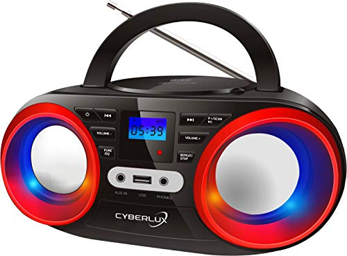 Tragbarer CD-Player | LED-Discolichter | Boombox | CD/CD-R | USB | FM Radio | AUX-In | Kopfhöreranschluss | 20 Speicherplätze | Kinder Radio | CD-Radio | Kompaktanlage von Cyberlux