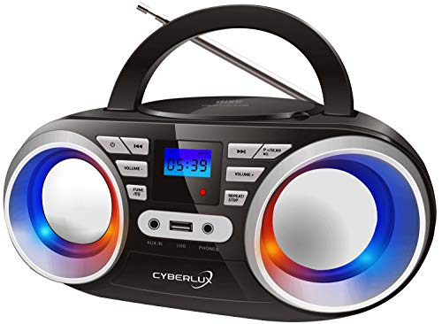 Tragbarer CD-Player | LED-Disco-Lichter | Boombox | CD/CD-R | USB | FM Radio | AUX-Eingang | Kopfhöreranschluss | 20 Speicherplätze | Kinderradio | CD-Radio | Kompaktanlage (Black/Sunny Silver) von Cyberlux