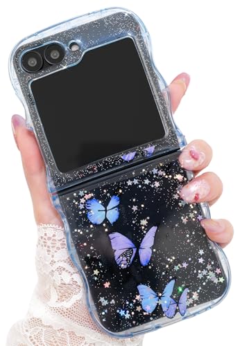 Cyberowl BTFBlue Schutzhülle für Samsung Galaxy Z Flip 6/5, niedlicher Kawaii-Glitzer, Schmetterlings-Serie, Rahmenform, weiches Silikon, stoßfest, für Damen und Mädchen, BTFBlau von Cyberowl