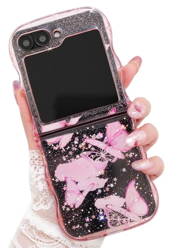 Cyberowl BTFPink, kompatibel mit Samsung Galaxy Z Flip 6/5, niedlicher Kawaii-Glitzer, Schmetterlings-Serie, Rahmenform, weiches Silikon, stoßfest, Schutzhülle für Damen und Mädchen von Cyberowl