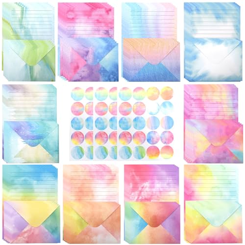 Cyiecw 160 Stück Briefpapier mit Umschlag Set (10 Farben),50 A5 Liniert und 50 Briefumschläge, Aquarell Briefpapier Mädchen Briefbogen Schreibpapier mit 60 Sticker von Cyiecw