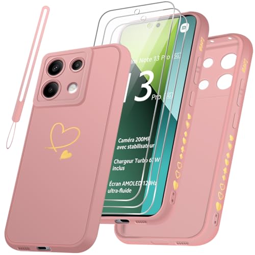 Czyoa Handyhülle für Xiaomi Redmi Note 13 Pro 5G（Nicht für 4G）/ Poco X6 5G und 3 Stück Hartglas Schutzfolie + 1 Schlüsselband, Weich und TPU, Stoßfest und Kratzfest Schutzhülle (Rosa) von Czyoa