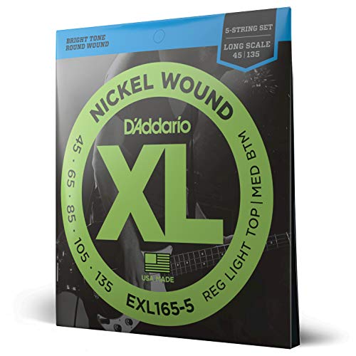 D'Addario E Bass Gitarrensaiten | Saiten E Bass | Bassgitarre Saiten | Saiten 5-Saiter E-Bass | DER BELIEBTESTEN SAITENMARKE | EXL165-5 | vernickelter Stahl | Custom Light (45-135) | Long Scale von D'Addario