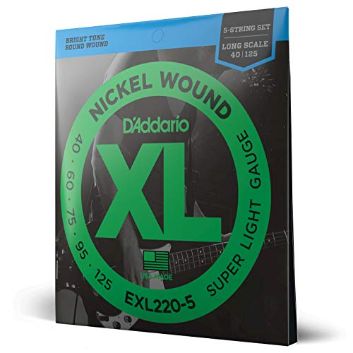 D'Addario E Bass Gitarrensaiten | Saiten E Bass | Bassgitarre Saiten | Saiten 5-Saiter E-Bass | DER BELIEBTESTEN SAITENMARKE | EXL220-5 | vernickelter Stahl | Super Light (40-125) | Long Scale von D'Addario