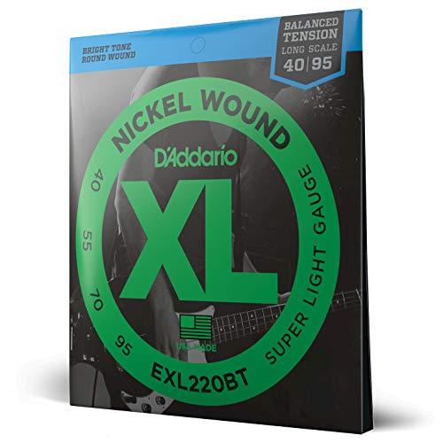 D'Addario E Bass Gitarrensaiten | Saiten E Bass | Bassgitarre Saiten | Saiten E-Bass | DER BELIEBTESTEN SAITENMARKE | EXL220BT | vernickelter Stahl | Super Light (40-95) | Balanced Tension von D'Addario