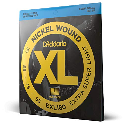 D'Addario E Bass Gitarrensaiten | Saiten E Bass | Bassgitarre Saiten | Saiten E-Bass | DER BELIEBTESTEN SAITENMARKE WELTWEIT | EXL180 | vernickelter Stahl | ExtraSuperLight (35-95) | Long Scale von D'Addario