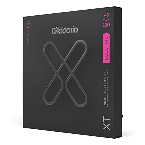 D'Addario E Bass Gitarrensaiten | Saiten E Bass | Bassgitarre Saiten | XTB45130, vernickelte XT Stahlseite für Bässe mit 5 Saiten, Regular Light, volle Größe, 45-130 von D'Addario