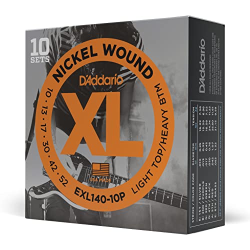 D'Addario E Gitarren Saiten | Gitarrensaiten E Gitarre | E Gitarre Saiten | EXL140-10P vernickelte Stahlsaiten für E-Gitarre .010 - .052 Light Top/Heavy Bottom (10er Pack) Sparpack von D'Addario