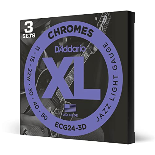 D'Addario Gitarrensaiten – XL Chromes E-Gitarrensaiten – flach gewickelt – poliert für ultraglattes Gefühl und warmen, sanften Klang – ECG24-3D – Jazz Light, 11-50, 3er-Pack von D'Addario
