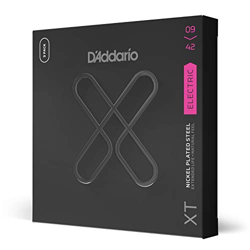 D'Addario E Gitarren Saiten | Gitarrensaiten E Gitarre | Gitarren Saiten | Saiten E-Gitarre | XTE0942, vernickelte XT Stahlsaite für E-Gitarre, Super Light, 09-42, 3 Sätze von D'Addario