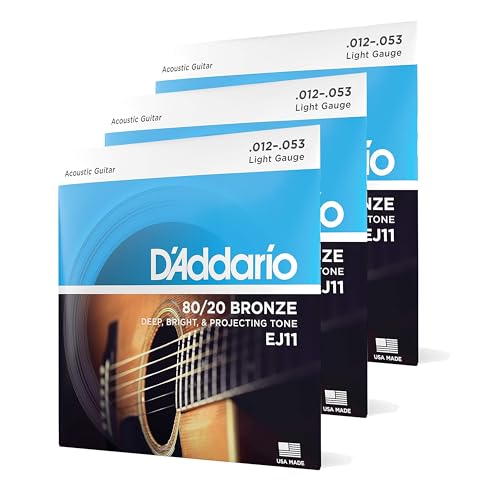 D'Addario Gitarrensaiten Akustikgitarre - Gitarrensaiten Westerngitarre - Acoustic Guitar Strings - EJ11-3D 80/20 Bronzesaiten für Akustikgitarre, leichte Spannung, 12-53, 3 Sätze von D'Addario