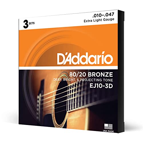 D'Addario Gitarrensaiten Akustikgitarre | Gitarrensaiten Westerngitarre | Stahlsaiten Westerngitarre | DER BELIEBTESTEN SAITENMARKE | EJ10-3D | 80/20 Bronze | Extra Light (10-47) | 3er Pack von D'Addario