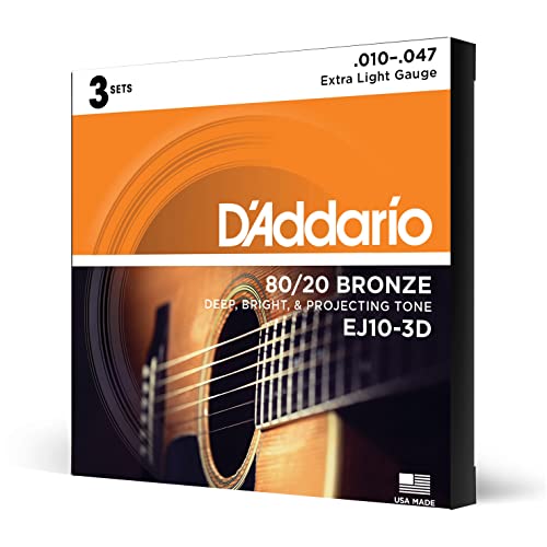 D'Addario Gitarrensaiten Westerngitarre - 80/20 Phosphor Bronze - Gitarrensaiten Akustikgitarre - Acoustic Guitar Strings - EJ10-3D - Extra Light, 10-47 - 3-Stück von D'Addario
