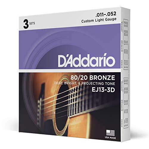 D'Addario Gitarrensaiten Akustikgitarre | Gitarrensaiten Westerngitarre | Stahlsaiten Westerngitarre | DER BELIEBTESTEN SAITENMARKE | EJ13-3D | 80/20 Bronze | Custom Light (11-52) | 3er Pack von D'Addario