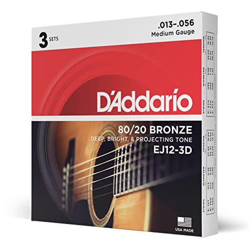 D'Addario Gitarrensaiten Akustikgitarre | Gitarrensaiten Westerngitarre | Stahlsaiten Westerngitarre | DER BELIEBTESTEN SAITENMARKE WELTWEIT | EJ12-3D | 80/20 Bronze | Medium (13-56) | 3er-Pack von D'Addario