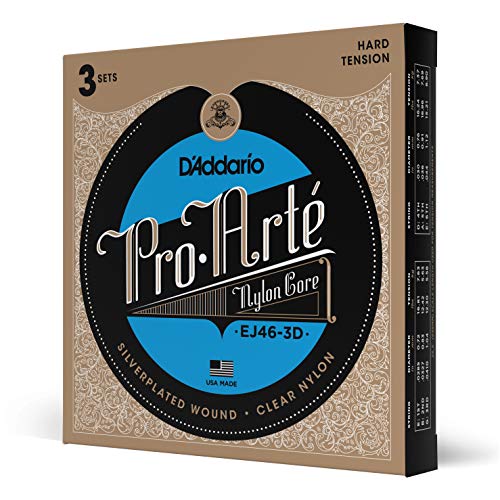 D'Addario Gitarrensaiten Konzertgitarre | Nylon Gitarren Saiten | Nylonsaiten | DER BELIEBTESTEN SAITENMARKE | EJ46-3D | Versilbertes Kupfer/Nylon | Hard Tension | 3er Pack von D'Addario