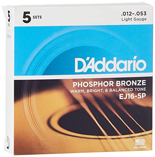D'Addario Gitarrensaiten – Phosphorbronze Akustikgitarrensaiten – EJ16-5P – Reiches, volles Tonspektrum – Für 6-saitige Gitarren – 12–53 Light, 5er-Pack von D'Addario