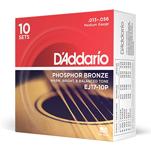 D'Addario Gitarrensaiten Westerngitarre | Gitarrensaiten Akustikgitarre | Acoustic Guitar Strings | DER BELIEBTESTEN SAITENMARKE | EJ17-10P | Phosphor Bronze | Medium (13-56) | 10er Pack von D'Addario