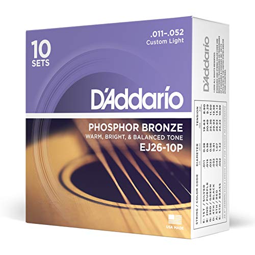 D'Addario Gitarrensaiten Westerngitarre | Gitarrensaiten Akustikgitarre | Acoustic Guitar Strings | DER BELIEBTESTEN SAITENMARKE | EJ26-10P | Phosphor Bronze | Custom Light (11-52) | 10er Pack von D'Addario