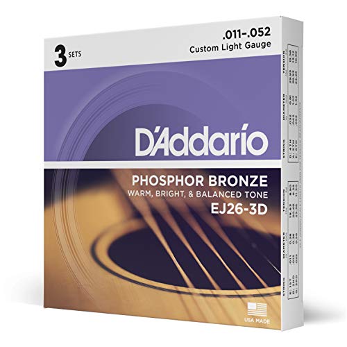 D'Addario Gitarrensaiten Westerngitarre | Gitarrensaiten Akustikgitarre | Acoustic Guitar Strings | DER BELIEBTESTEN SAITENMARKE | EJ26-3D | Phosphor Bronze | Custom Light (11-52) | 3er Pack von D'Addario