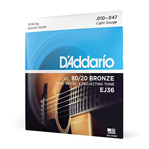 D'Addario Gitarrensaiten Westerngitarre - 80/20 Phosphor Bronze - Gitarrensaiten Akustikgitarre - Acoustic Guitar Strings - EJ36 - Light, 12-String, 10-47 - 1-Stück von D'Addario