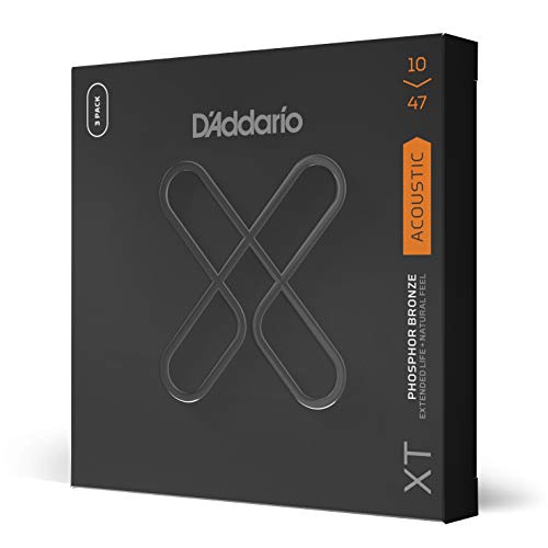 D'Addario Gitarrensaiten Westerngitarre | Gitarrensaiten Akustikgitarre | Coated Acoustic Guitar Strings | XTAPB1047, XT Phosphorbronze-Akustiksaite, Light, 10-47, 3 Sätze von D'Addario