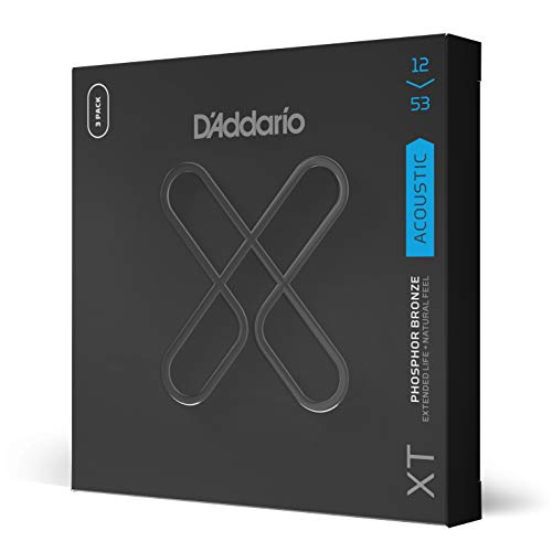 D'Addario Gitarrensaiten Westerngitarre | Gitarrensaiten Akustikgitarre | Coated Acoustic Guitar Strings | XTAPB1253, XT Phosphorbronze-Akustiksaite, Light, 12-53, 3 Sätze von D'Addario