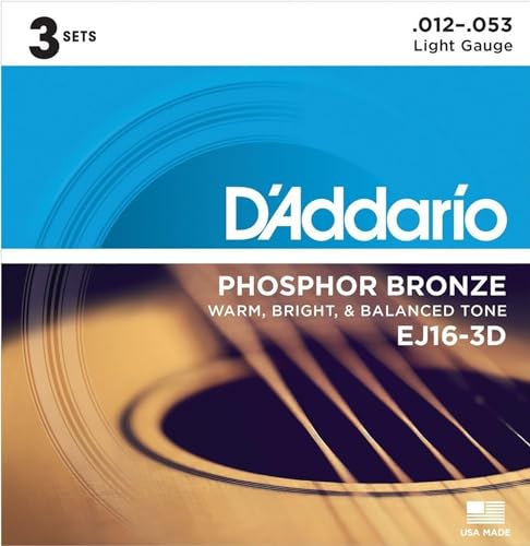 D'Addario Gitarrensaiten Westerngitarre | Gitarrensaiten Akustikgitarre | Gitarrensaiten für Akustikgitarre (beschichtete Phosphor-Bronze-Saiten, Stärke Light 0,012-0,053) 3er-Pack von D'Addario