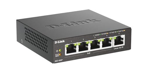 D-Link DGS-1005P, 5-Port Unmanaged PoE+ Gigabit Switch (4 x 10/100/1000 Mbit/s BaseT PoE Port, 1 x 10/100/1000 Mbit/s BaseT Port, 60W PoE Kapazität, Plug & Play, lüfterlos, Metallgehäuse) von D-Link