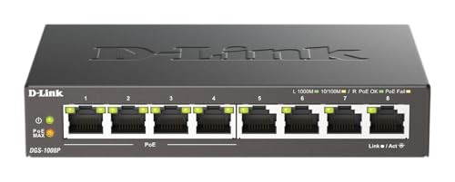 D-Link DGS-1008P, 8-Port Unmanaged PoE+ Gigabit Switch (8 Anschlüsse mit 10/100/1000 Mbit/s, 4 davon mit PoE-Unterstützung, 60W PoE Kapazität, Plug & Play, lüfterlos, Metallgehäuse) von D-Link