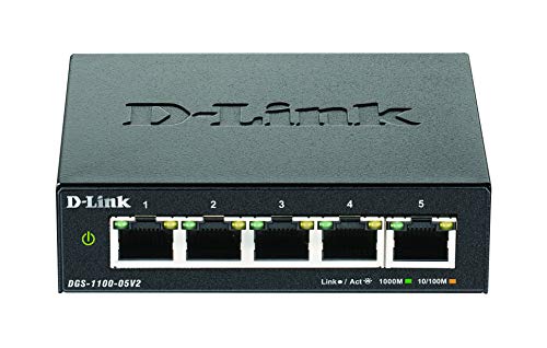 D-Link DGS-1100-05V2 5-Port Gigabit Smart Switch (10/100/1000 Mbit/s, lüfterlos, Metallgehäuse), Schwarz von D-Link