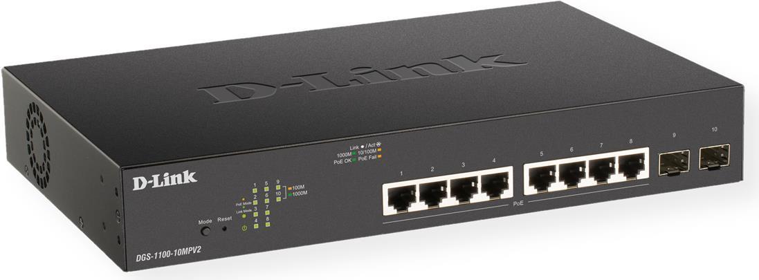 D-Link DGS 1100-10MP - V2 - Switch - Smart - 8 x 10/100/1000 (PoE) + 2 x Gigabit SFP - Desktop, an Rack montierbar - PoE (130 W) von D-Link