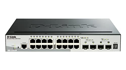 D-Link DGS-1510-20/E, 20-Port Layer 2/3 Smart Managed Gigabit Stack Switch (16 x 10/100/1000 Mbit/s BaseT Port, 2 x SFP Slot, 2 x 10G SFP+ Slot, 19" Gehäuse) - Nur EU-Netzkabel, Schwarz/Grau von D-Link