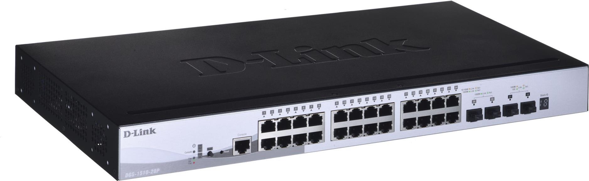 D-Link DGS 1510-28P - Switch - L3 - Smart - 24 x 10/100/1000 (PoE+) + 2 x Gigabit SFP + 2 x 10 Gigabit SFP+ - Desktop, an Rack montierbar - PoE+ (193 W) von D-Link