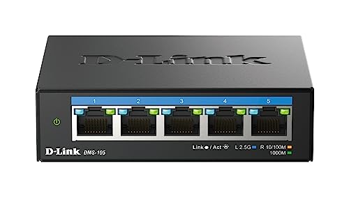 D-Link DMS-105 5-Port Multi-Gigabit Unmanaged Desktop Switch (5X 2,5G Ports, Lüfterlos, Kompakt, Metal Gehäuse, QoS, Plug and Play) von D-Link