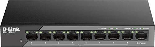 D-Link DSS-100E-9P 9-Port Fast Ethernet PoE Unmanaged Surveillance Switch (Unterstützt bis zu 250 Meter long range PoE, 8xPoE, 92W PoE Budget, Gigabit Uplink, 6kV Überspannungsschutz, lüfterlos) von D-Link