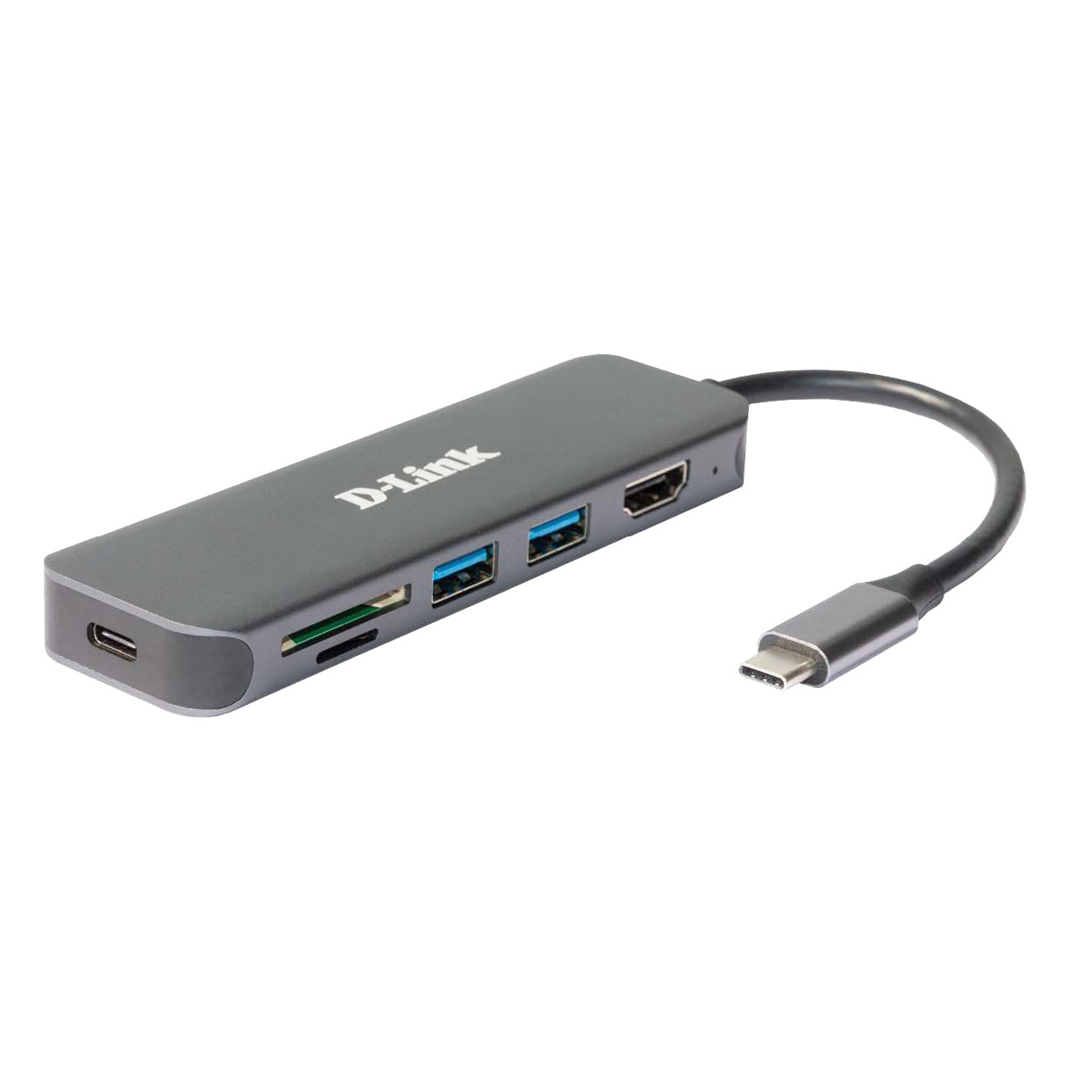 D-Link DUB-2327 USB-Hub mit HDMI, Kartenleser und Ladefunktion 1x USB-C mit PD, 2x USB-A 3.0, 1x HDMI 1.4, 1x microSD Slot, 1x SD Card Slot von D-Link