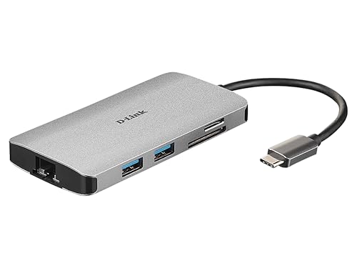 D-Link DUB-M810 8 in 1 USB C Hub (USB C Adapter mit HDMI 4K und 1080p, 3x USB 3 / USB 2, 1x Netzwerkanschluss 1Gbit/s, microSD-/SD- Kartenleser, 1x USB C zum Laden und für Daten bis 100W) von D-Link