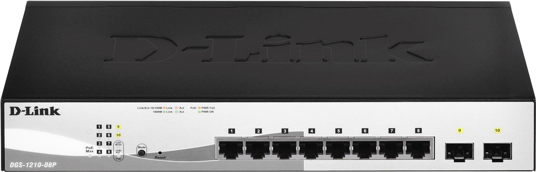 D-Link Web Smart DGS-1210-08P - Switch - managed - 8 x 10/100/1000 (PoE) + 2 x Gigabit SFP - Desktop, an Rack montierbar - PoE (45 W) von D-Link
