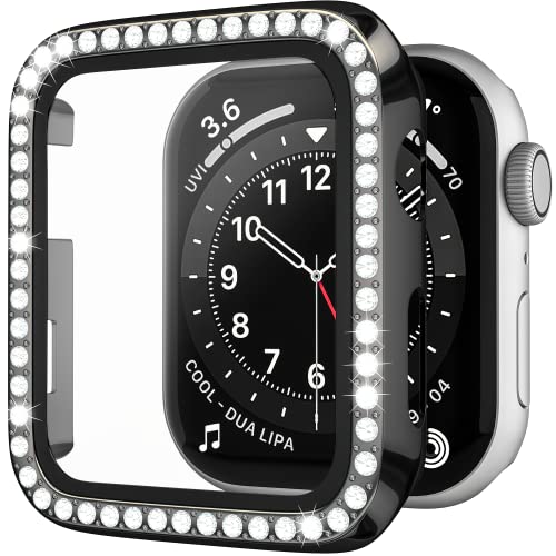 D & K Exclusives Strass Hülle Kompatibel mit Apple Watch 38mm Serie 3/2/1 mit gehärtetem Glas Displayschutzfolie, Bling Crystal Bumper Hard PC Dünn Schutzhülle für iWatch, Damen, Herren, Schwarz von D & K Exclusives