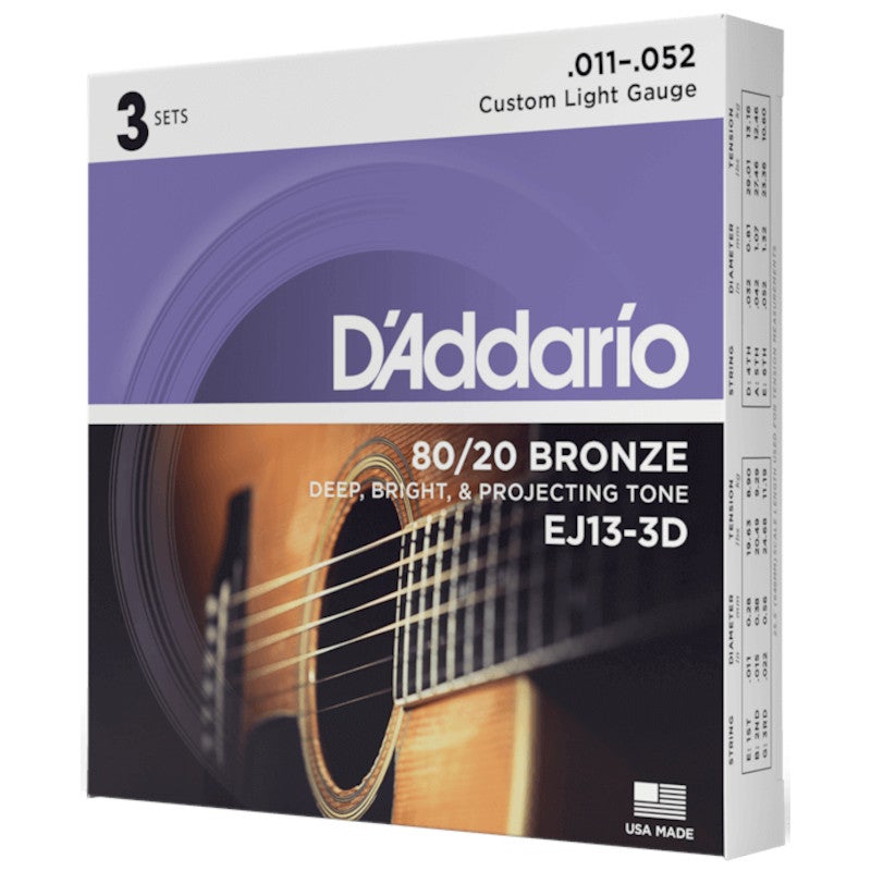 D&apos;Addario EJ13-3D 11-52 Custom Light Bronze Acoustic Guitar Strings (x3 Packs) von D&apos;Addario